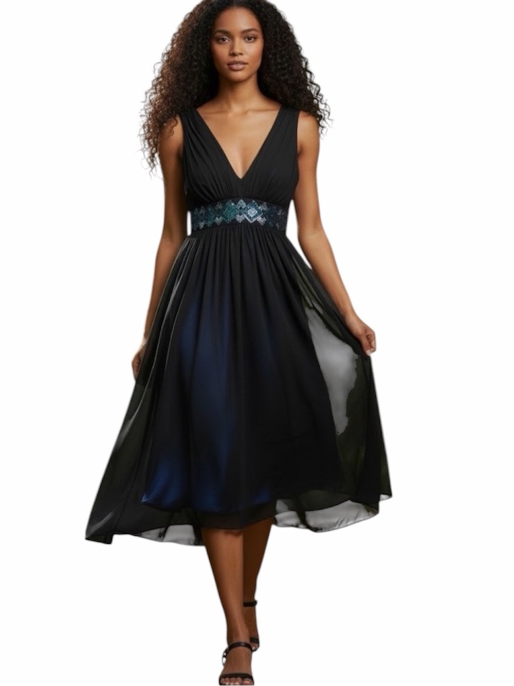 Y2K Sheer Overlay Dress SZ Medium Black Blue Sequin Empire Party Cocktail Fairy